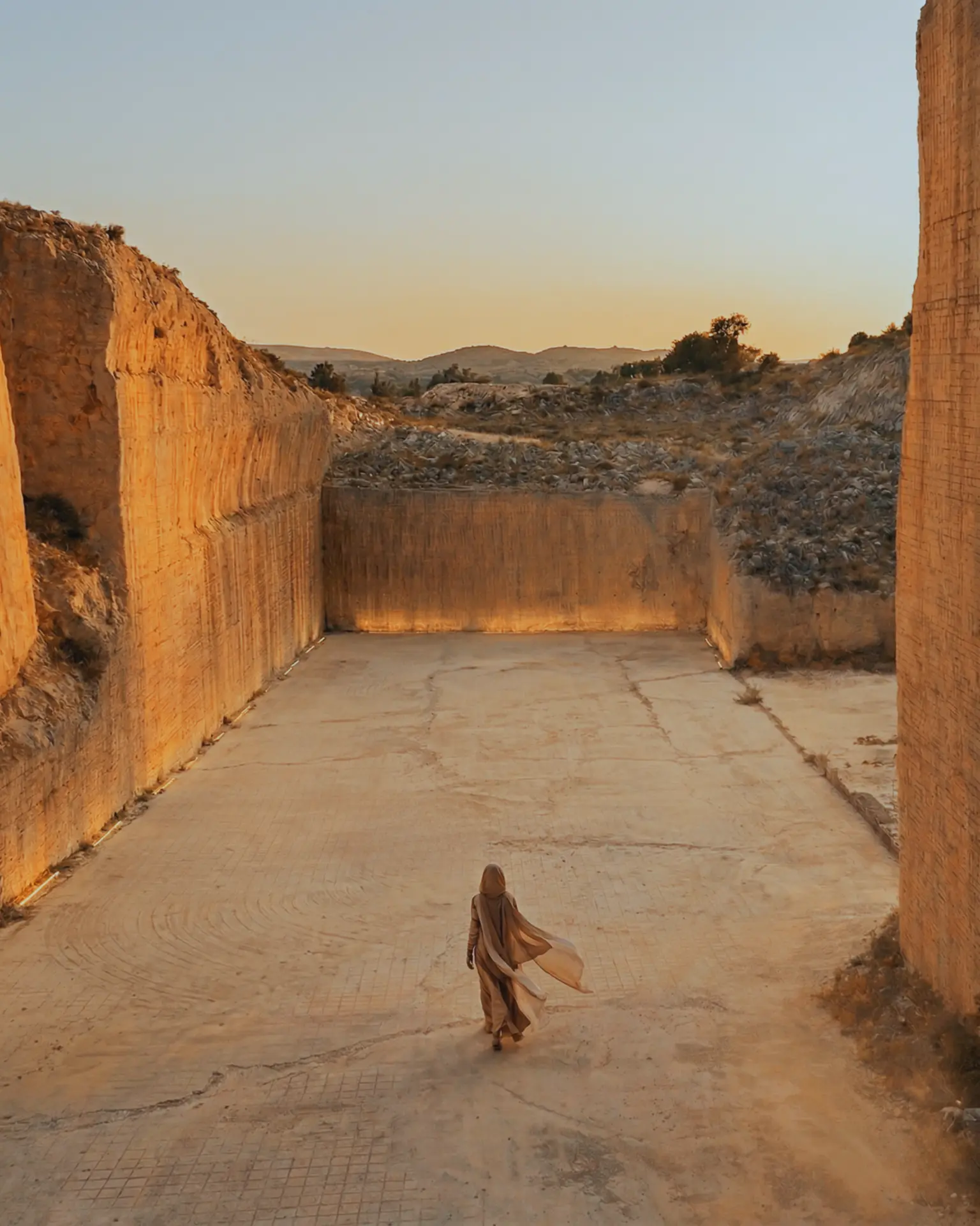 Figura in abiti chiari cammina in una cava di pietra siciliana al tramonto.